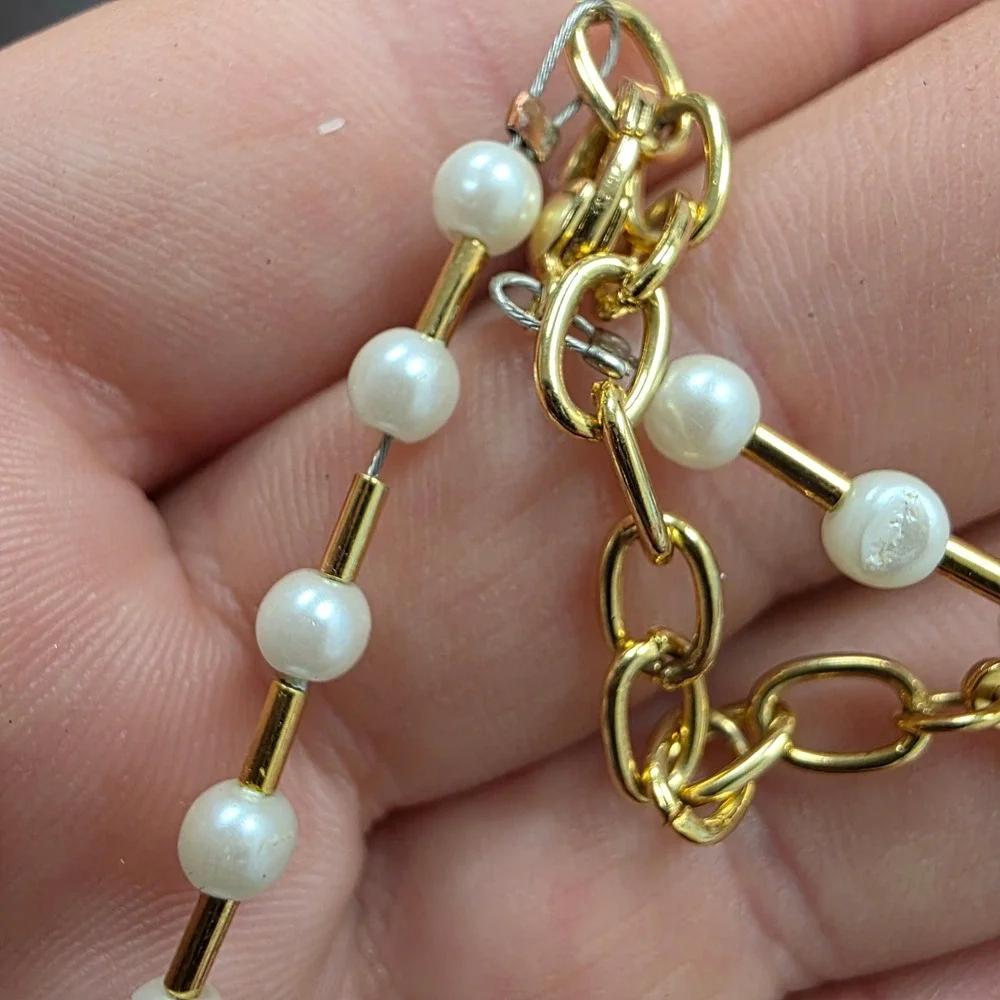 Napier Gold Tone Faux Pearl Bar Link Necklace 17 Inch Adjustable Clasp
